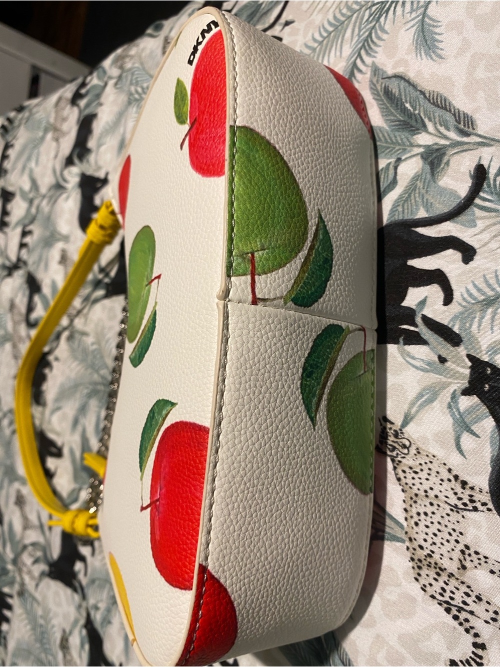 DKNY White Apple Print Shoulder Bag with Yellow Strap and Silver Chain - Picture 5 of 7